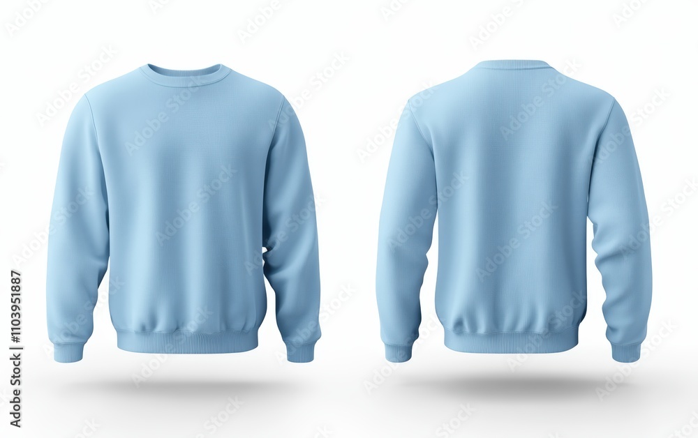 Blank light blue sweater mockup, front and back view, 3D rendering, white background