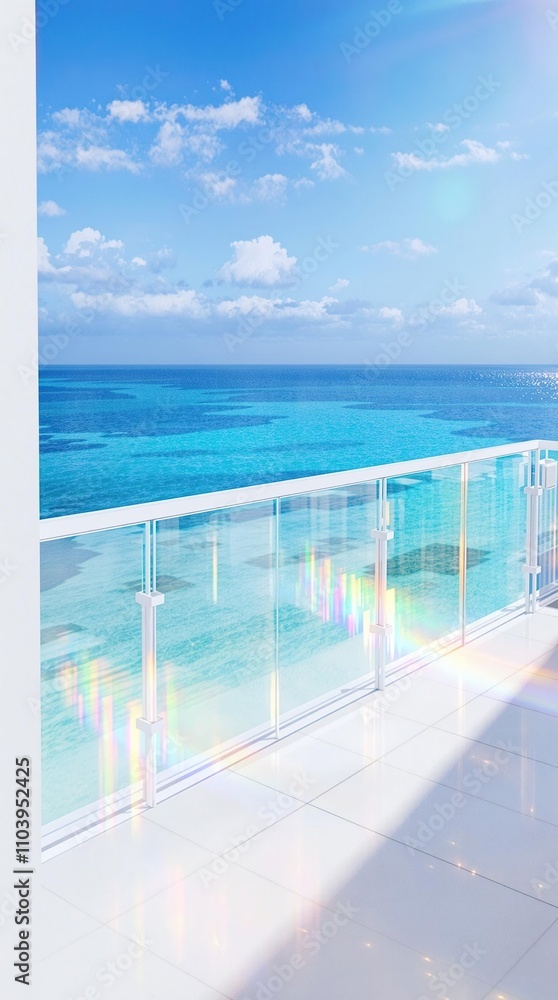 Fototapeta premium Balcony with white prismatic railing framing crystal clear sea view, outdoor relaxation, balcony decor, Mediterranean Sea, coastline