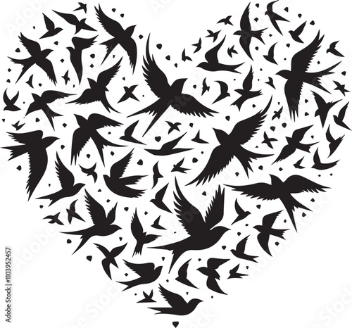 Heart-shaped design filled with flying birds. A striking black and white graphic design of a heart shape formed by numerous silhouettes of birds in flight.