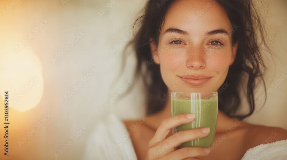 Woman enjoying green juice at a spa, basking in natural light and tranquility mockup, mock up, template, empty, for text, place, copyspace, copy space Woman enjoying green juice at a spa, basking in natural light and tranquility mockup, mock up, template, empty, for text, place, copyspace, copy space