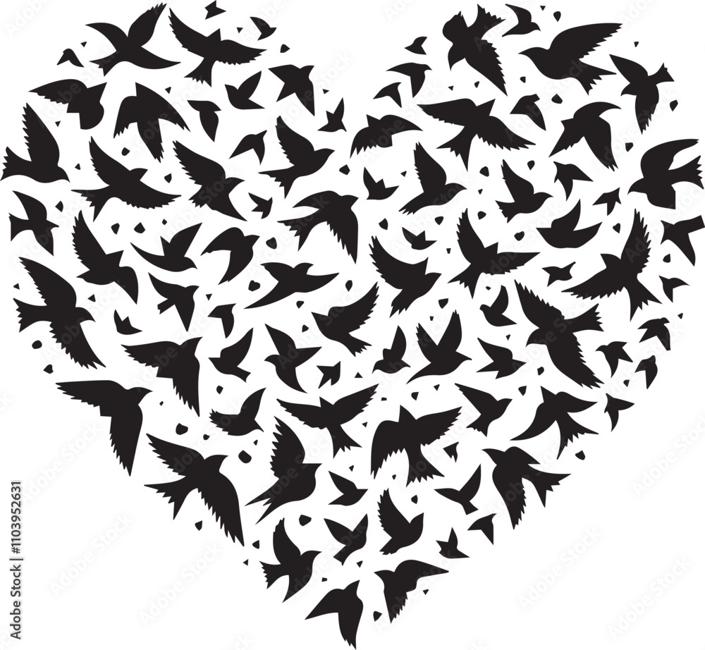 Heart-shaped design filled with flying birds. A striking black and white graphic design of a heart shape formed by numerous silhouettes of birds in flight. Heart-shaped design filled with flying birds. A striking black and white graphic design of a heart shape formed by numerous silhouettes of birds in flight.