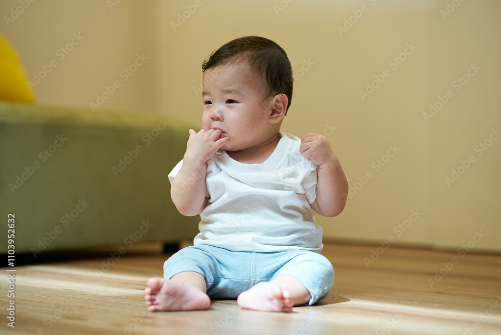 部屋でひとり遊びをする乳幼児 部屋でひとり遊びをする乳幼児