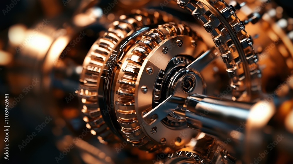 Close-up of intricate metal gear mechanism with golden highlights Close-up of intricate metal gear mechanism with golden highlights