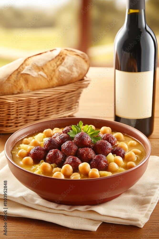 Plato de sopa de garbanzos con albóndigas, decorado con perejil fresco y acompañado de pan y una botella de vino.
Plato de sopa de garbanzos con albóndigas, decorado con perejil fresco y acompañado de pan y una botella de vino.