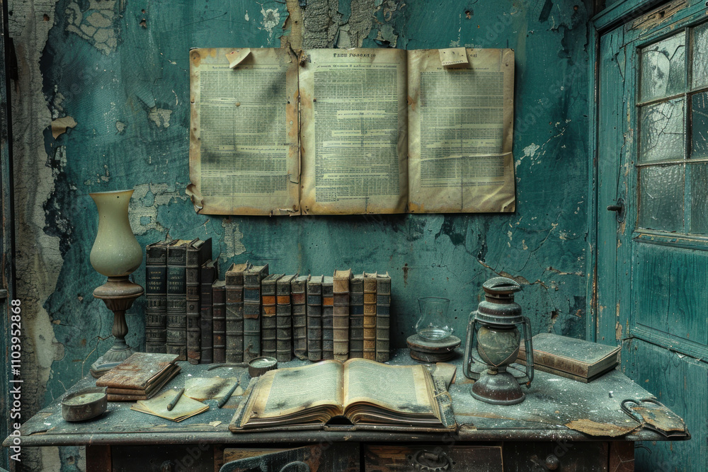 he atmosphere of an ancient scientific room, shrouded in the patina of time. In the foreground you can see an old wooden table covered with a layer of dust. he atmosphere of an ancient scientific room, shrouded in the patina of time. In the foreground you can see an old wooden table covered with a layer of dust.
