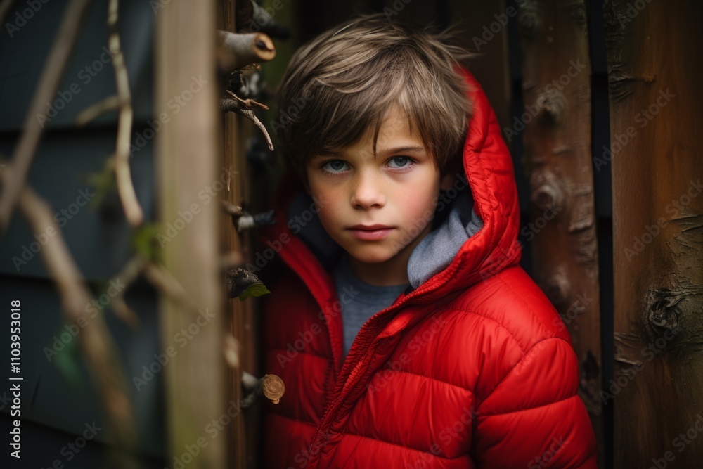 Portrait of a boy in a red jacket against the background of a wooden fence Portrait of a boy in a red jacket against the background of a wooden fence