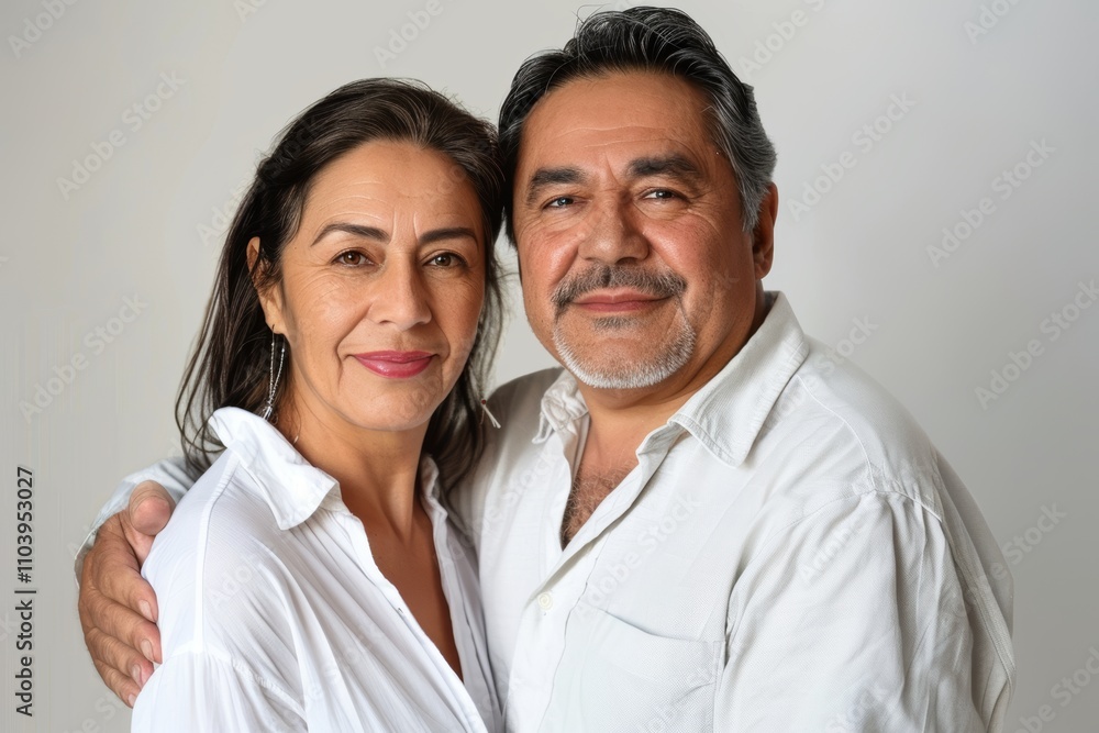 Portrait of a satisfied latino couple in their 50s wearing a simple cotton shirt on plain white digital canvas Portrait of a satisfied latino couple in their 50s wearing a simple cotton shirt on plain white digital canvas