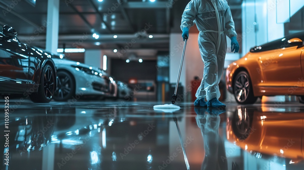 Obraz premium Cleaning action in underground garage automotive environment high-contrast viewpoint industrial concept for enhanced hygiene