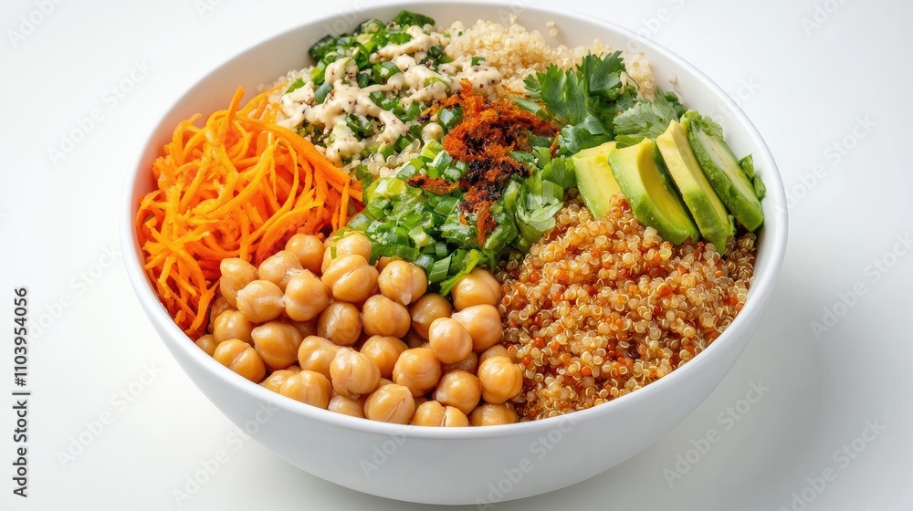 Vegan bowl with quinoa, avocado, chickpeas, and fresh veggies on a white background for a balanced and colorful meal display. Vegan bowl with quinoa, avocado, chickpeas, and fresh veggies on a white background for a balanced and colorful meal display.
