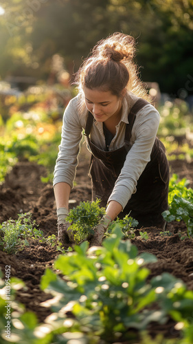 Woman tending to her home garden by weeding and cultivating plants in a sunny outdoor setting