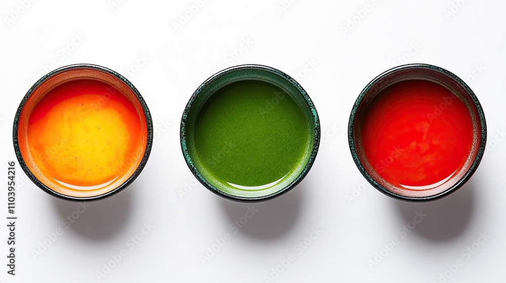Vibrant vegetable soups in different colors: green, red, and orange, served in bowls on a clean white background. Vibrant vegetable soups in different colors: green, red, and orange, served in bowls on a clean white background.