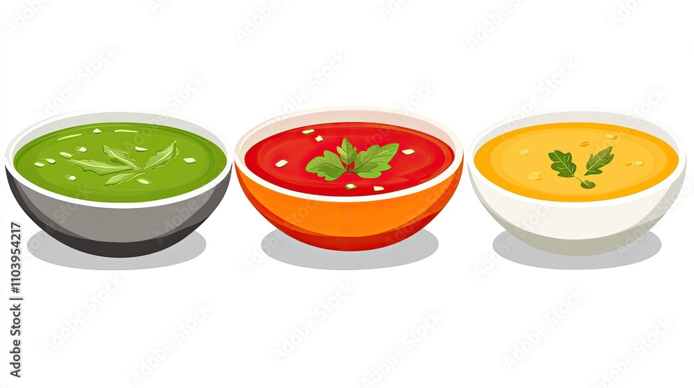Vibrant vegetable soups in different colors: green, red, and orange, served in bowls on a clean white background. Vibrant vegetable soups in different colors: green, red, and orange, served in bowls on a clean white background.