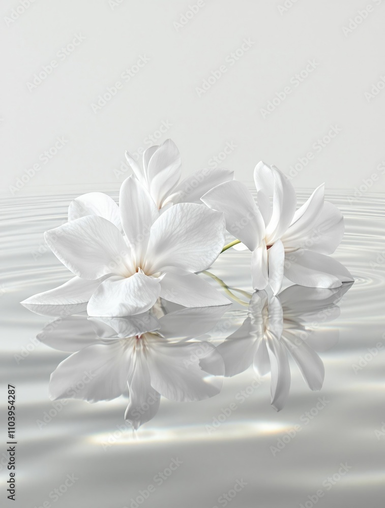 Beautiful white orchid blossoms reflected on smooth water surface, white orchid, blossom Beautiful white orchid blossoms reflected on smooth water surface, white orchid, blossom