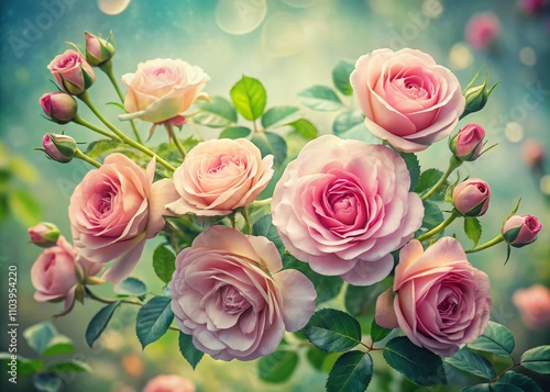 Vintage Pink Roses with Leaves on a Soft Pastel Background Capturing the Timeless Beauty of Nature in a Delicate and Romantic Style for Stock Photography