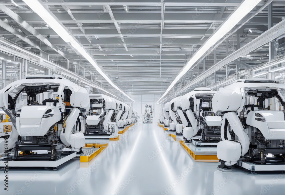 Robotic assembly lines make modern cars. Clean and bright workplace. New automotive factory concept Robotic assembly lines make modern cars. Clean and bright workplace. New automotive factory concept