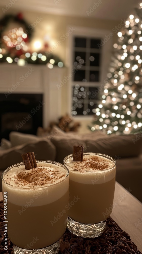 eggnog, bourbon, ground cinnamon and nutmeg cocktails with neutral feminine living room background eggnog, bourbon, ground cinnamon and nutmeg cocktails with neutral feminine living room background