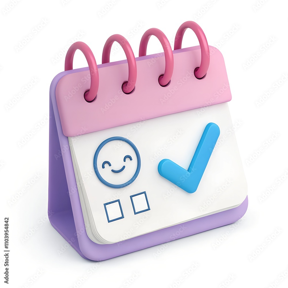 Colorful desk calendar with a smiling face and blue checkmark symbolizing organization and positivity. Colorful desk calendar with a smiling face and blue checkmark symbolizing organization and positivity.