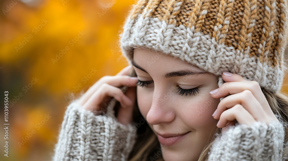 A person adjusting a pair of woolen ear warmers over their ears, ready for a cold winter day outdoors A person adjusting a pair of woolen ear warmers over their ears, ready for a cold winter day outdoors