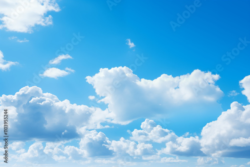 A serene summer sky with soft, fluffy white clouds on a brilliant blue backdrop photo