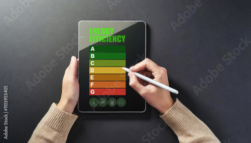 Energy efficiency application on tablet. Ecology and energy saving house concept. Home power rating