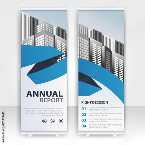 Modern design of annual report display stands showcasing professional graphics in an office environment
