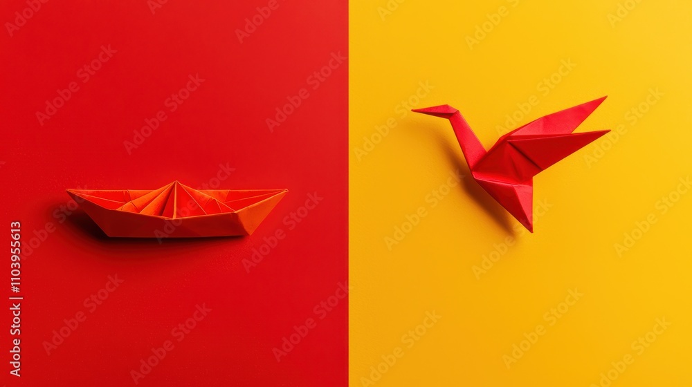 Naklejka premium Red Paper Boat and Crane on Vibrant Red and Yellow Backgrounds