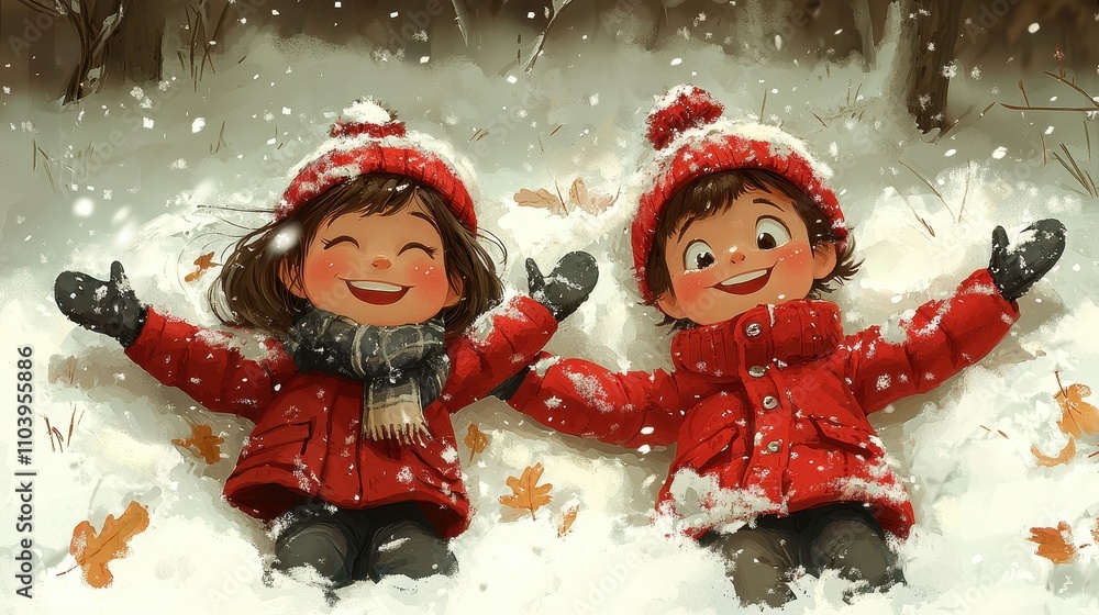 Happy Children Playing in Snow Wearing Red Coats and Wool Hats Happy Children Playing in Snow Wearing Red Coats and Wool Hats