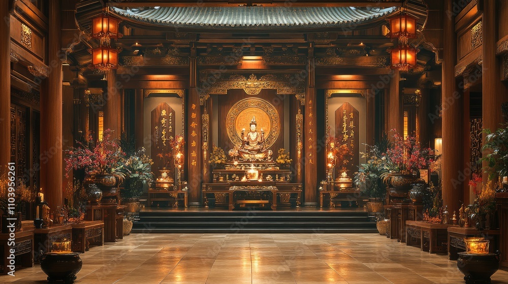 A serene temple interior featuring ornate decorations, a central statue, and vibrant floral arrangements. A serene temple interior featuring ornate decorations, a central statue, and vibrant floral arrangements.