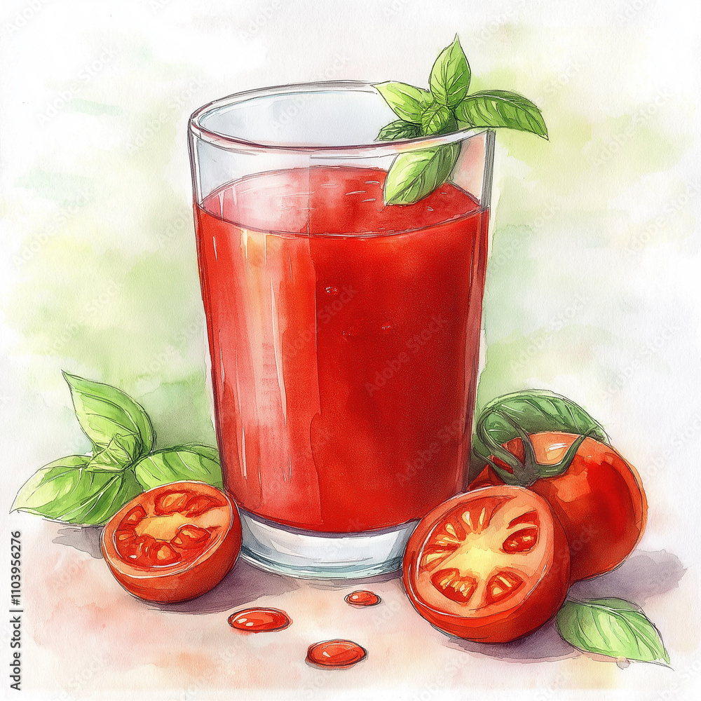 Watercolor drawing: a glass of fresh tomato juice Watercolor drawing: a glass of fresh tomato juice