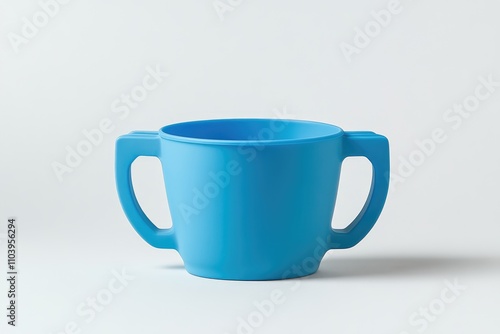 A bright blue plastic cup with two handles