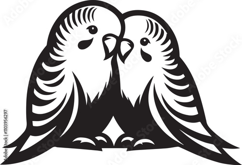 Engraved Illustration of Two Budgies Perched Together. A stylized, black and white, line art illustration of two budgies perched close together on a branch.