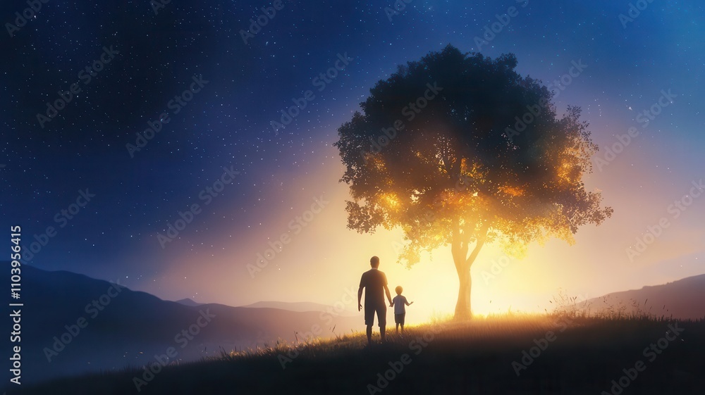 Fototapeta premium Ethereal family tree glowing in a surreal environment, beneficiary touched by light, Watercolor style,