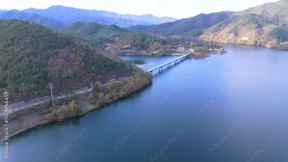 Beautiful scenery of Boseong River in Boseong, Jeollanam-do, background shot with drone in autumn afternoon