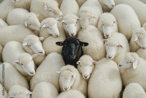 a lot of sheep, one black sheep standing out in the center. individuality in the crowd