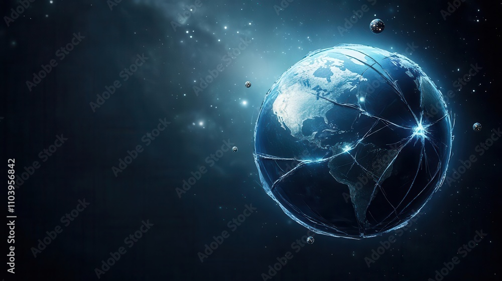 A glowing, interconnected Earth amidst a dark space backdrop, showcasing digital connections and the vastness of the universe. A glowing, interconnected Earth amidst a dark space backdrop, showcasing digital connections and the vastness of the universe.