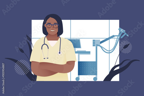 Female Doctor Standing near Pulmonary Testing Equipment. Plethysmography in Medical Office or Laboratory. Respiratory Diseases. Modern Flat Vector Illustration. Website Banner, Landing Page Template.