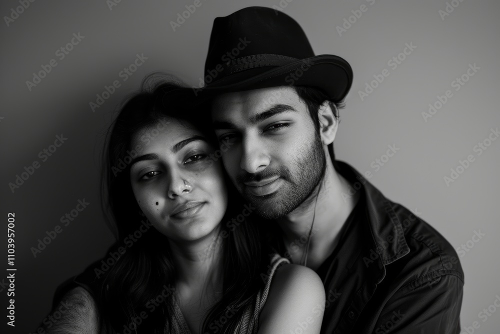 Portrait of a tender indian couple in their 20s donning a classic fedora in front of bare monochromatic room Portrait of a tender indian couple in their 20s donning a classic fedora in front of bare monochromatic room