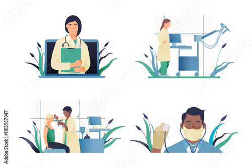 Set of Modern Flat Medical Insurance Illustrations. Spirometry in Medical Office, Medical Appointment, Medical Specialist Holding Stethoscope.