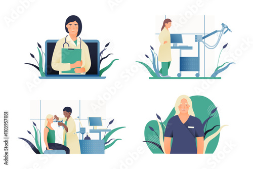 Set of Modern Flat Medical Insurance Illustrations. Medical Appointment, Spirometry and Plethysmography in Medical Office, Nurse or Intern.