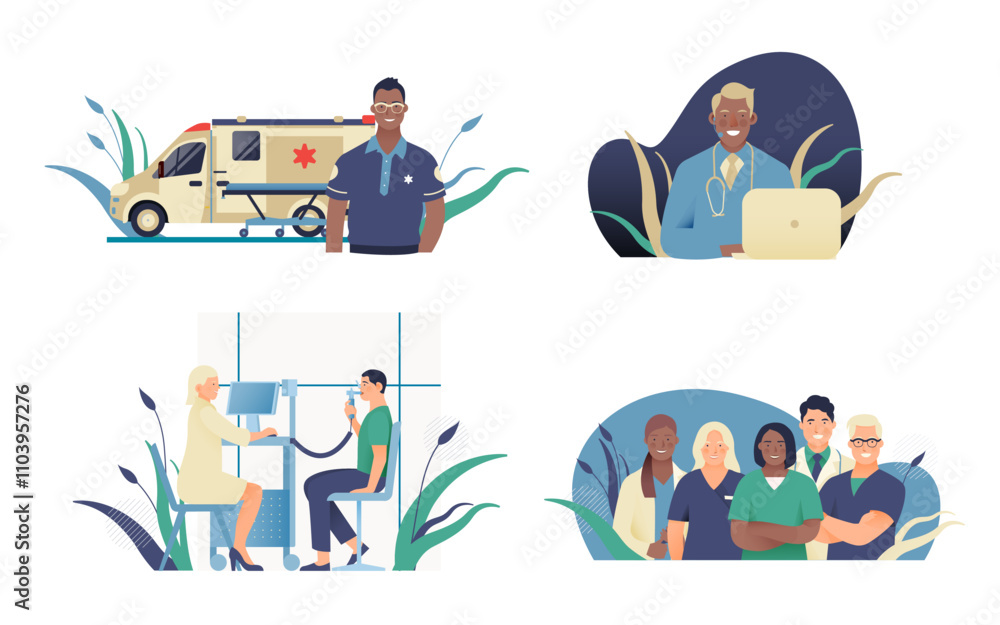 Set of Modern Flat Medical Insurance Illustrations. Ambulance, Call Center, Spirometry in Medical Office, Team of Medical Specialists. Set of Modern Flat Medical Insurance Illustrations. Ambulance, Call Center, Spirometry in Medical Office, Team of Medical Specialists.