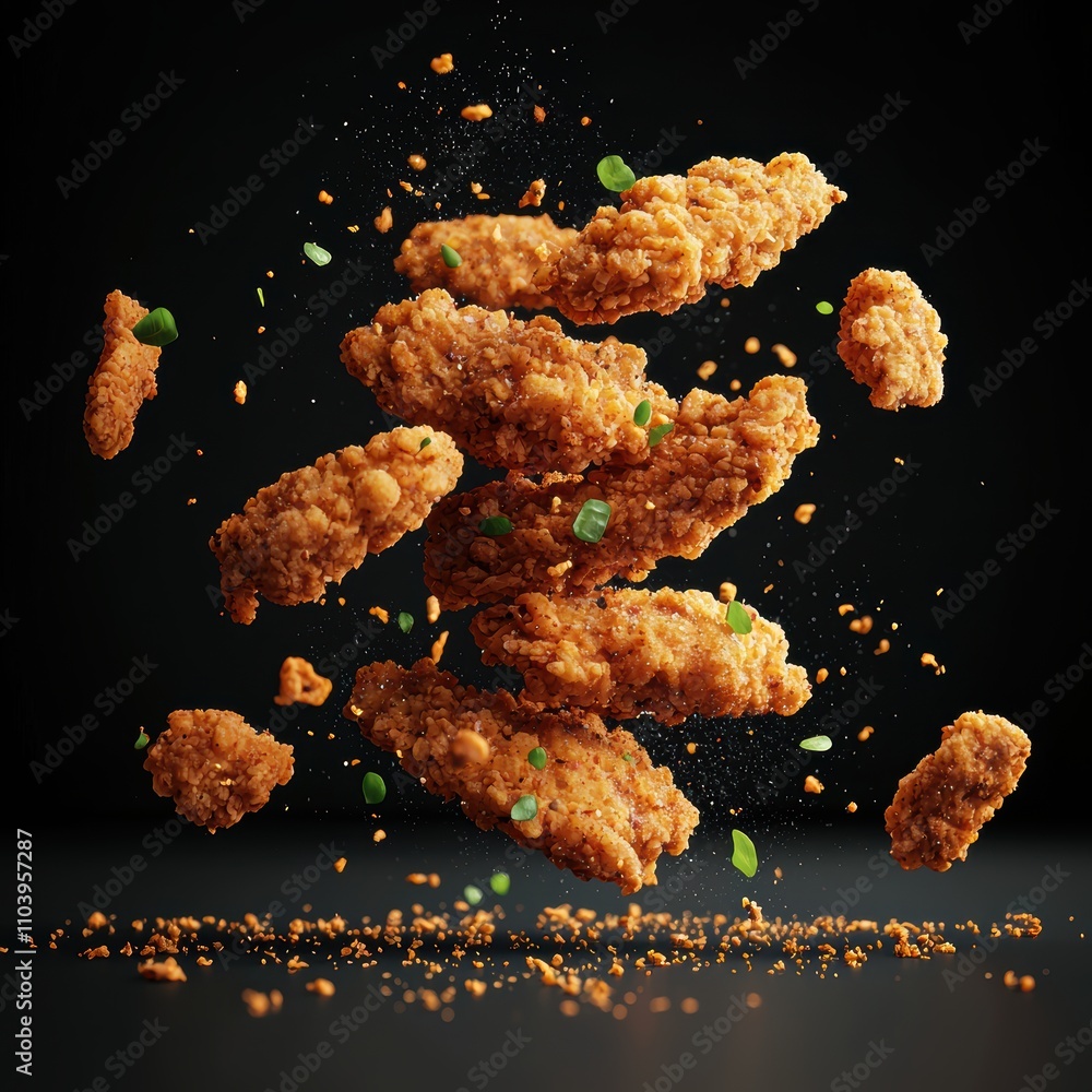 Crispy Fried Chicken Pieces Floating in Air with Herbs and Spices Crispy Fried Chicken Pieces Floating in Air with Herbs and Spices
