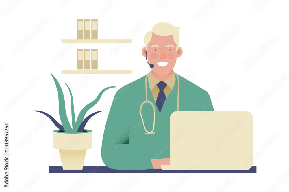 Modern Flat Vector Illustration. Medical Specialist Wearing Headset with Laptop on Abstract Background. Insurance Landing Page Design Template. Website Call Center Banner. Modern Flat Vector Illustration. Medical Specialist Wearing Headset with Laptop on Abstract Background. Insurance Landing Page Design Template. Website Call Center Banner.