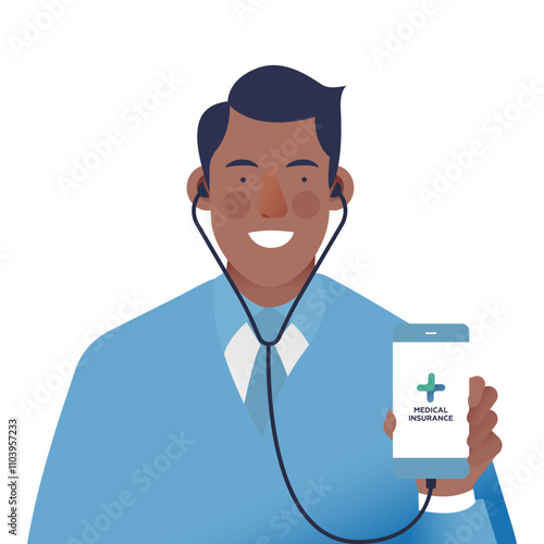 Online Doctor Consultation. Medical Specialist with Stethoscope Hold Smartphone. Modern Flat Vector Illustration. Website Banner. Social Media Template.