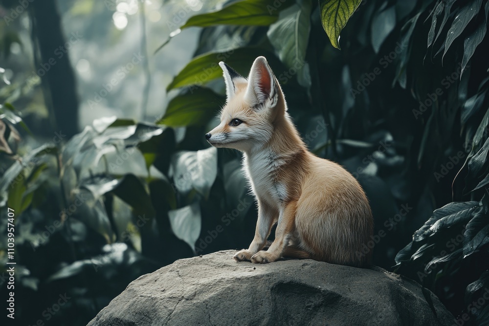 Fennec Fox Sitting on Rock Amidst Lush Green Foliage Fennec Fox Sitting on Rock Amidst Lush Green Foliage