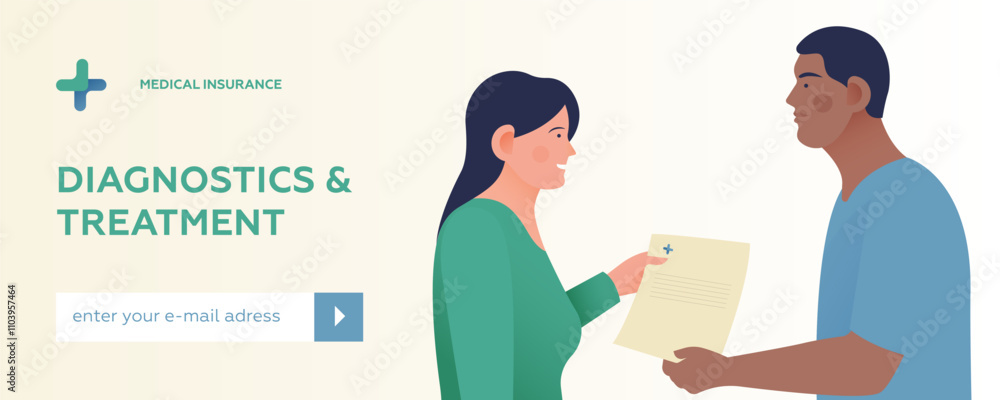 Fototapeta premium Diagnostics and Treatment. Medical Specialist and Patient Holding Paper Sheet in Medical Office on Abstract Background. Modern Flat Vector Illustration. Website Banner. Social Media Template.