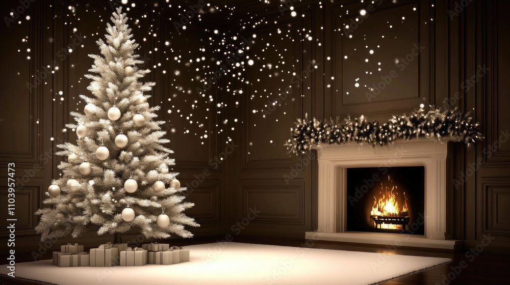 Fototapeta premium A beautifully decorated Christmas tree filled with ornaments and lights stands next to a warm fireplace. Gift boxes are neatly arranged below the tree, enhancing the holiday spirit
