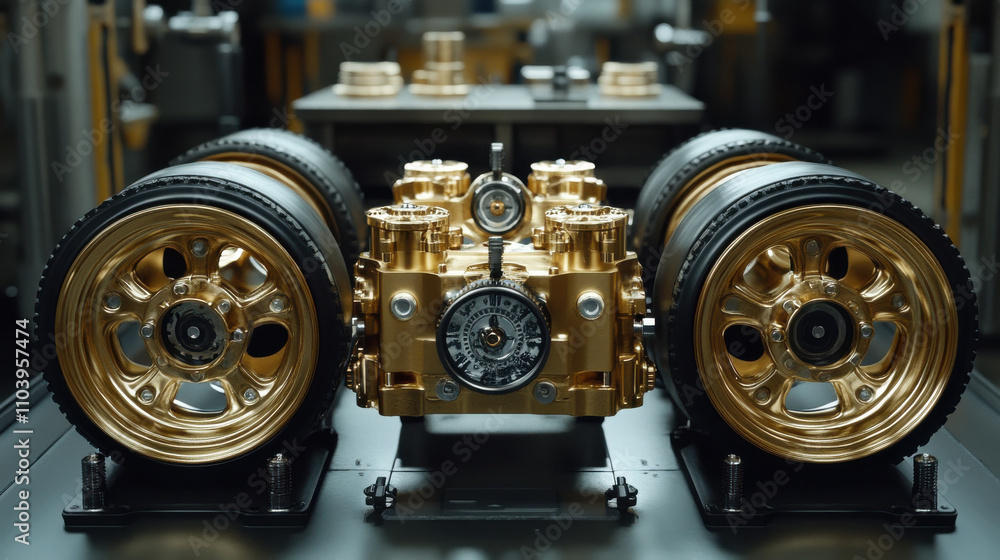Golden engine components with wheels, showcasing industrial design and precision. intricate details highlight craftsmanship and engineering excellence in automotive manufacturing Golden engine components with wheels, showcasing industrial design and precision. intricate details highlight craftsmanship and engineering excellence in automotive manufacturing