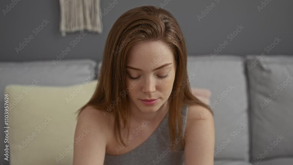 Young, attractive, redhead woman at home in the living room smiling and looking confident with modern decor in the background Young, attractive, redhead woman at home in the living room smiling and looking confident with modern decor in the background