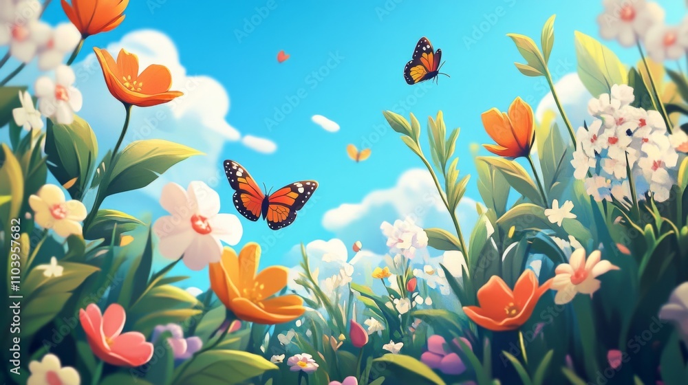 Fototapeta premium Vibrant Spring Flowers with Butterflies - Nature Wallpaper