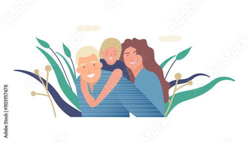 Family Health and Wellness. Modern Flat Vector Illustration. Happy Family of Parents and Child on Abstract Background. Modern Flat Vector Design Template.